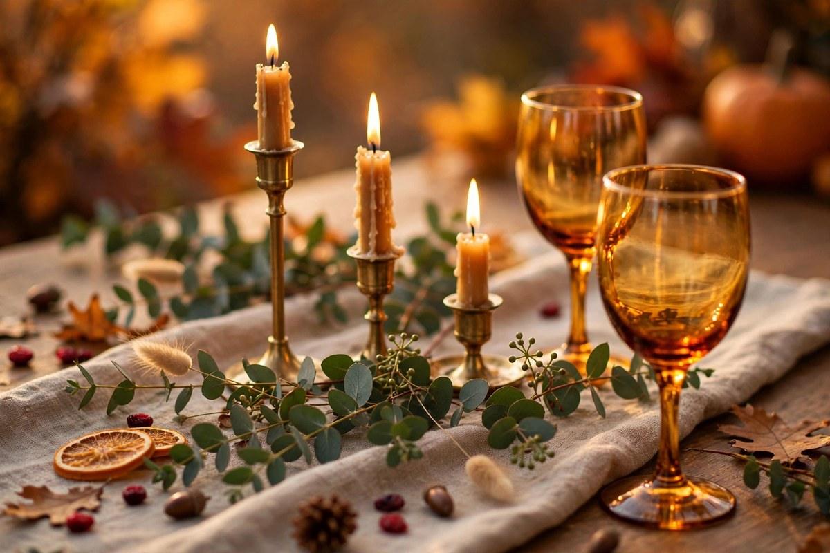 Brass candlesticks of mixed heights with lit taper candles on a linen runner with eucalyptus sprigs and amber wine glasses
