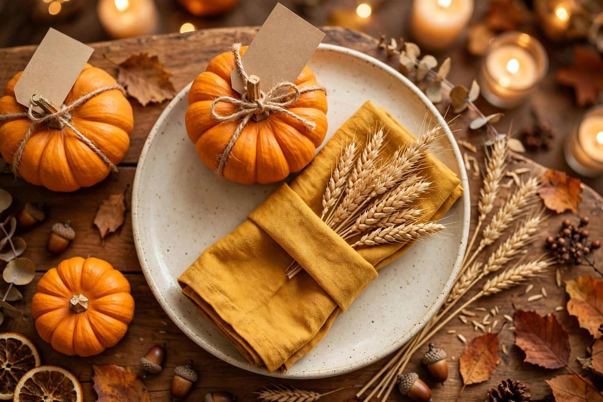Mini pumpkins with handwritten kraft place cards tied with twine beside a mustard napkin folded with dried wheat