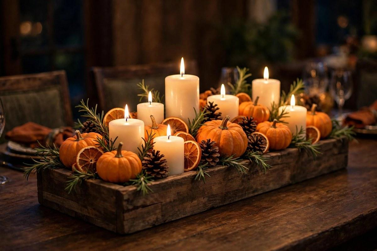 Wooden box centerpiece filled with lit pillar candles, mini pumpkins, pinecones, and dried orange slices on a dark wood table