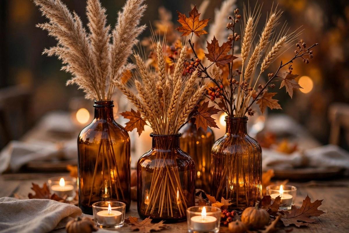 Amber glass bottles holding dried wheat and pampas grass with glowing tea lights and fall leaves