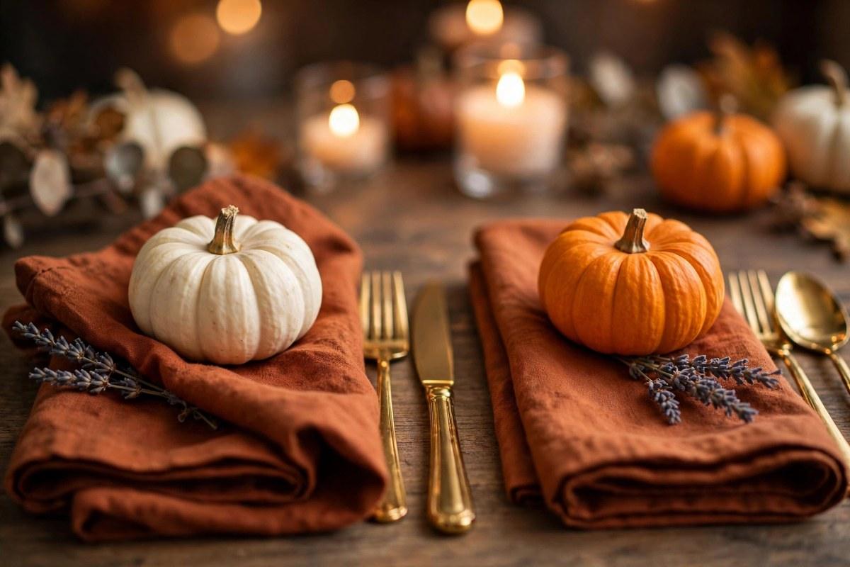 Small white and orange pumpkins resting on rust linen napkins with dried lavender and gold flatware