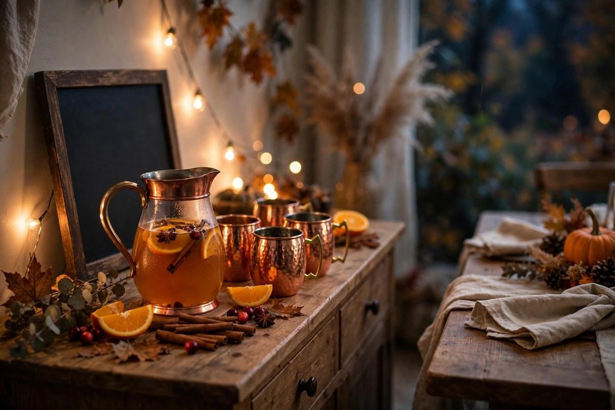 Copper pitcher of spiced cider with mugs, cinnamon sticks, and warm string lights on a wooden sideboard