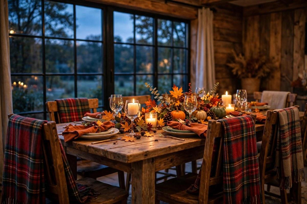 Wide view of a farmhouse Thanksgiving table at dusk with plaid throws over chairs, fall centerpiece, and glowing candles
